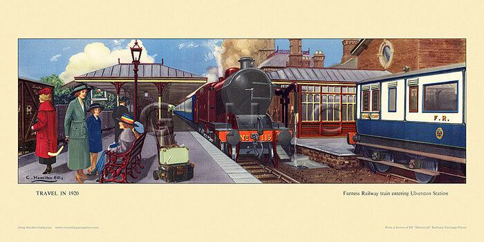 1920 Furness Railway train entering Ulverston station by Cuthbert Hamilton-Ellis
