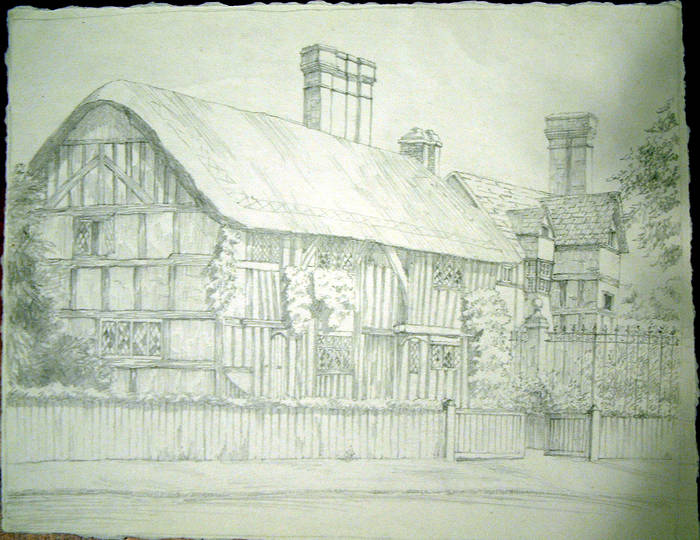 TIMBERED COTTAGE Original fine pencil drawing by R H Eason for illustration