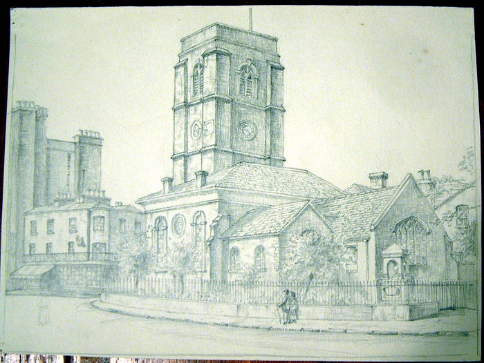 CHELSEA OLD CHURCH. Original fine pencil drawing by R H Eason for illustration