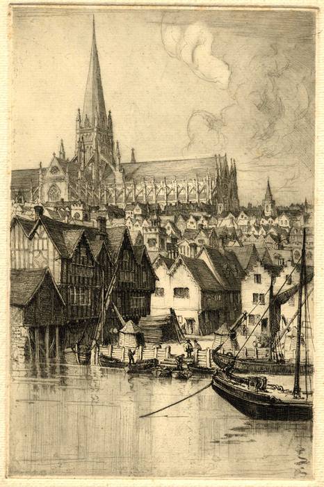 OLD ST PAULS CATHEDRAL & 3 CRANES WHARF. ORIGINAL ETCHING by CYRIL H BARRAUD