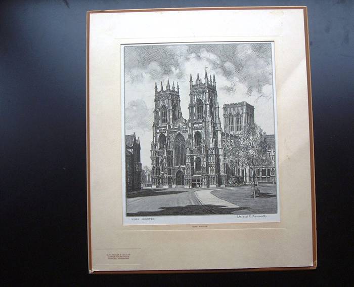 YORK MINSTER, YORKSHIRE, Original mounted print  by Leonard Squirrell