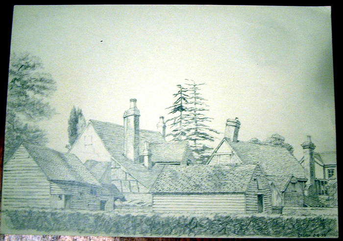 COTTAGES  Original fine pencil drawing by R H Eason for illustration 1955