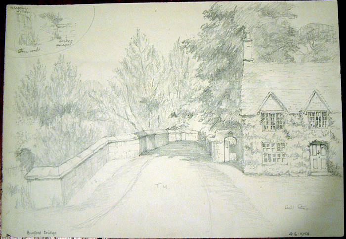 BURFORD BRIDGE. Original fine pencil drawing by R H Eason for illustration 1958