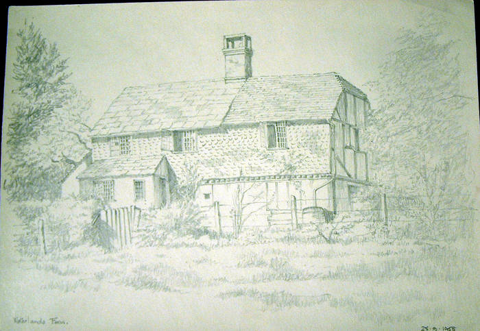 WATERLANDS FARM. Original fine pencil drawing by R H Eason for illustration 1958