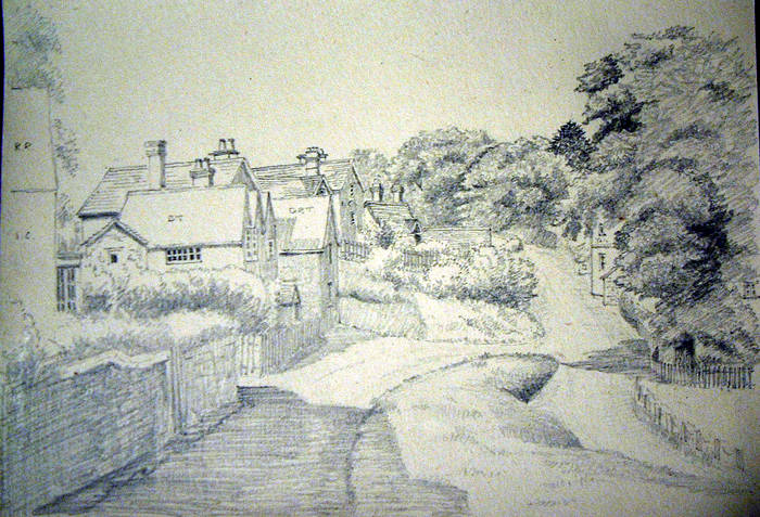 COTTAGES & LANE. Original fine pencil drawing by R H Eason illustration c1948