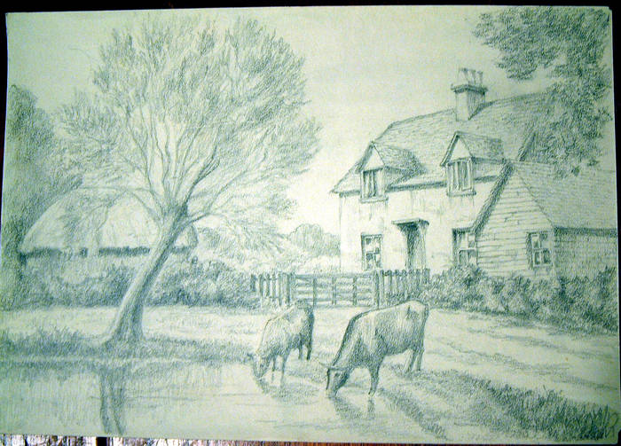 COTTAGES & POND. Original fine pencil drawing by R H Eason illustration Undated