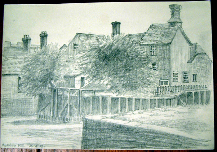 BEAULIEU MILL. Original fine pencil drawing by R H Eason for illustration 1959