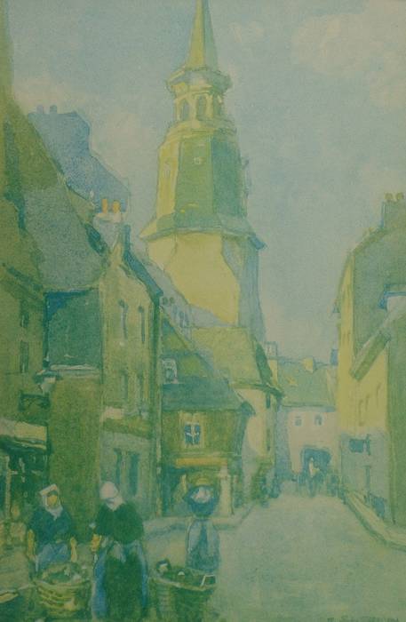 THE VILLAGE STREET, DINAN [FRANCE] by FRANK SHERWIN. ORIGINAL MOUNTED PRINT