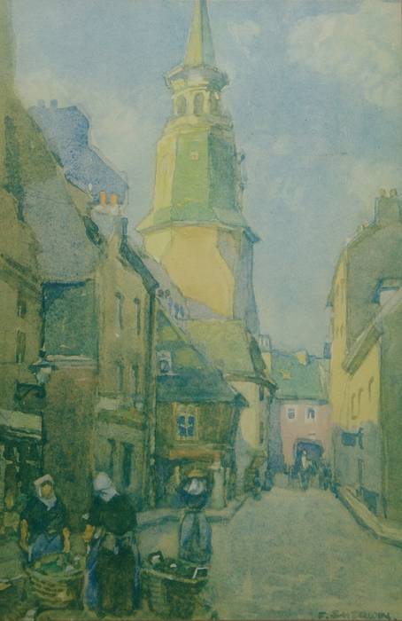 THE VILLAGE STREET, DINAN [FRANCE] by FRANK SHERWIN. ORIGINAL MOUNTED PRINT