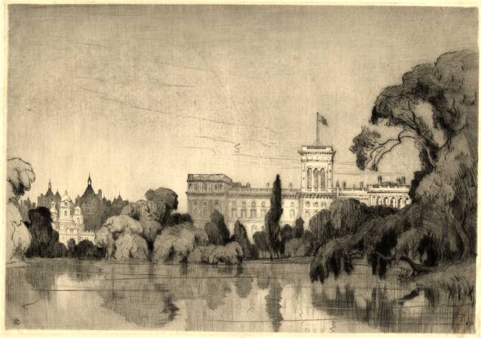 ST JAMES'S PARK & PALACE, LONDON. ORIGINAL ETCHING by CYRIL H BARRAUD