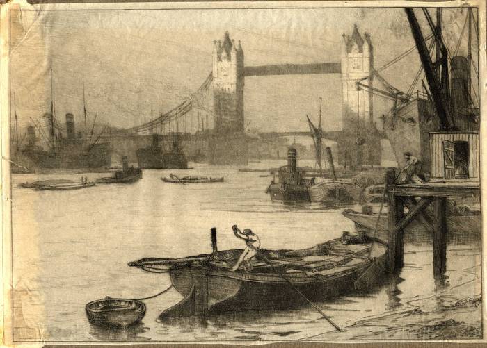 TOWER BRIDGE & POOL OF LONDON. ORIGINAL ETCHING  by CYRIL H BARRAUD
