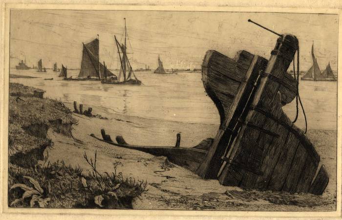 BOATS AND WRECK OFF ERITH. ORIGINAL ETCHING  by CYRIL H BARRAUD