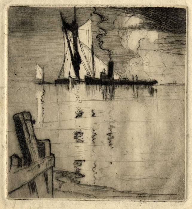 BOATS OF ERITH. ORIGINAL ETCHING  by CYRIL H BARRAUD