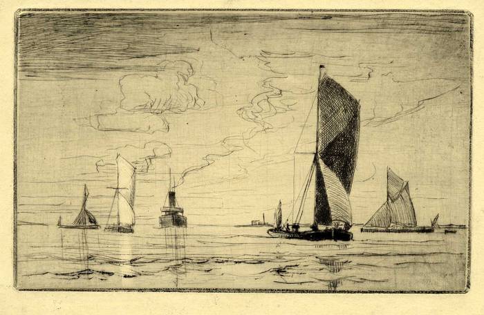 THAMES TRAWLERS OFF ERITH. ORIGINAL ETCHING  by CYRIL H BARRAUD