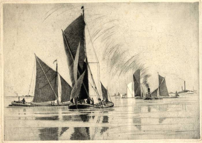 THAMES TRAWLERS OFF ERITH. ORIGINAL ETCHING  by CYRIL H BARRAUD