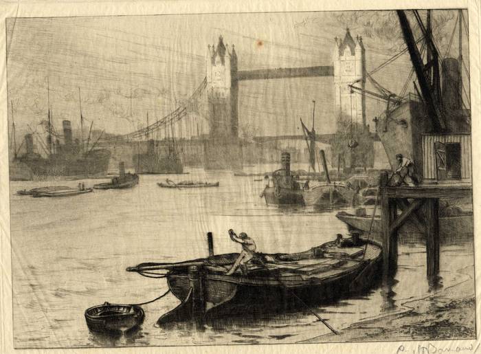 TOWER BRIDGE & POOL OF LONDON. ORIGINAL ETCHING  by CYRIL H BARRAUD