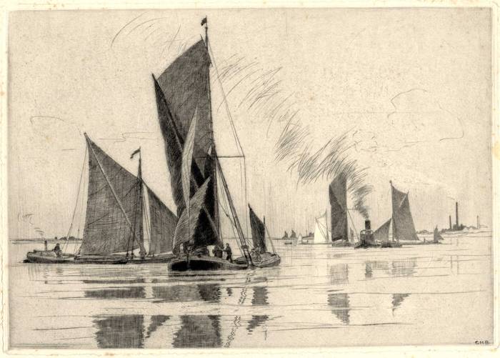 THAMES TRAWLERS OFF ERITH. ORIGINAL ETCHING  by CYRIL H BARRAUD