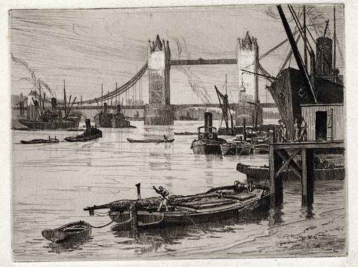 TOWER BRIDGE & POOL OF LONDON. ORIGINAL ETCHING  by CYRIL H BARRAUD