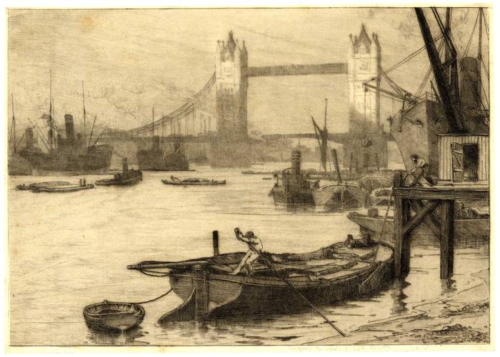 TOWER BRIDGE & POOL OF LONDON. ORIGINAL ETCHING  by CYRIL H BARRAUD