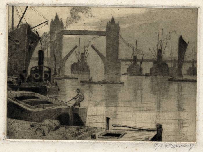 TOWER BRIDGE & POOL OF LONDON. ORIGINAL ETCHING  by CYRIL H BARRAUD