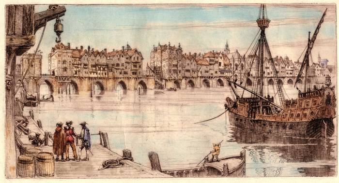 OLD LONDON BRIDGE. ORIGINAL ETCHING by CYRIL H BARRAUD