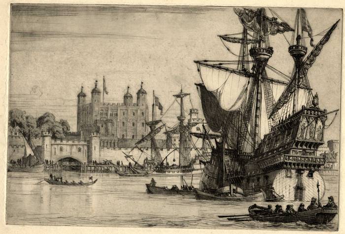TOWER OF LONDON [STUART PERIOD] ORIGINAL ETCHING by CYRIL H BARRAUD