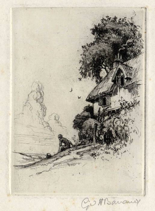 THATCHED COTTAGE & FIGURE. ORIGINAL ETCHING by CYRIL H BARRAUD