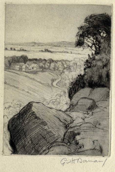 LANDSCAPE WITH VILLAGE BELOW. ORIGINAL ETCHING by CYRIL H BARRAUD