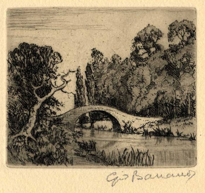 STONE BRIDGE & RIVER. 1913. ORIGINAL ETCHING by CYRIL H BARRAUD