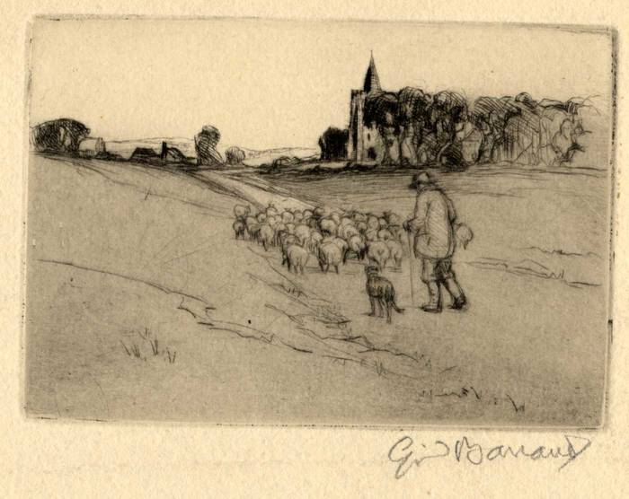 SHEPHERD & SHEEP IN LANDSCAPE, 1912. ORIGINAL ETCHING by CYRIL H BARRAUD