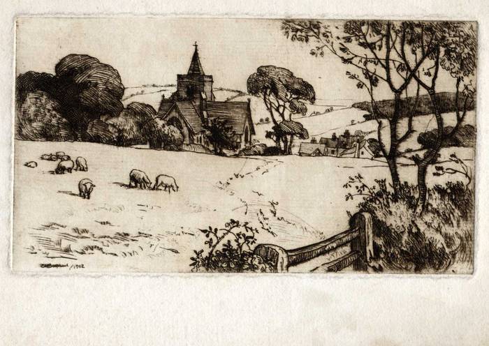 ESSEX LANDSCAPE WITH CHURCH, 1912. ORIGINAL ETCHING by CYRIL H BARRAUD
