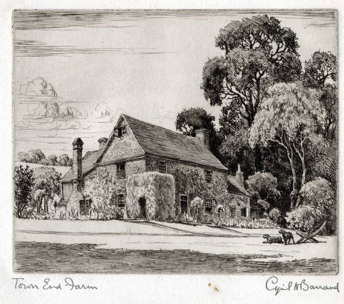 TOWN END FARM, RADNAGE, BUCKS. ORIGINAL ETCHING XMAS CARD by CYRIL H BARRAUD