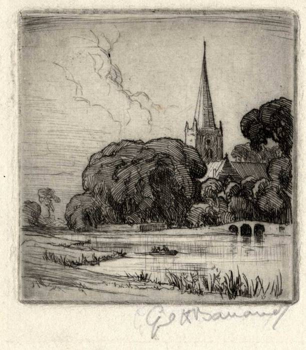 CHURCH LANDSCAPE. ORIGINAL ETCHING by CYRIL H BARRAUD