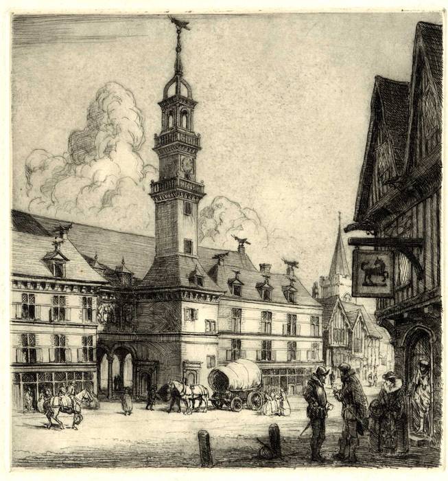 LONDON STREET SCENE 16th CENTURY. ORIGINAL ETCHING by CYRIL H BARRAUD