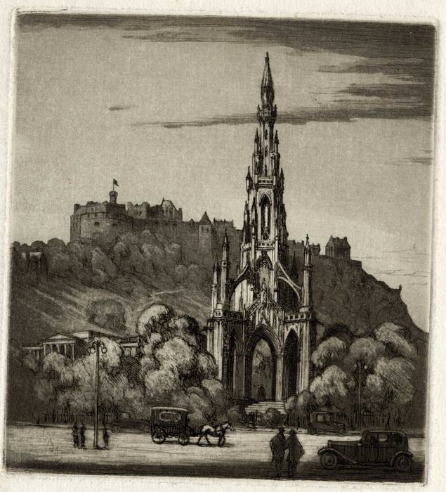 SCOTT MONUMENT, EDINBURGH. 1936. ORIGINAL ETCHING by CYRIL H BARRAUD