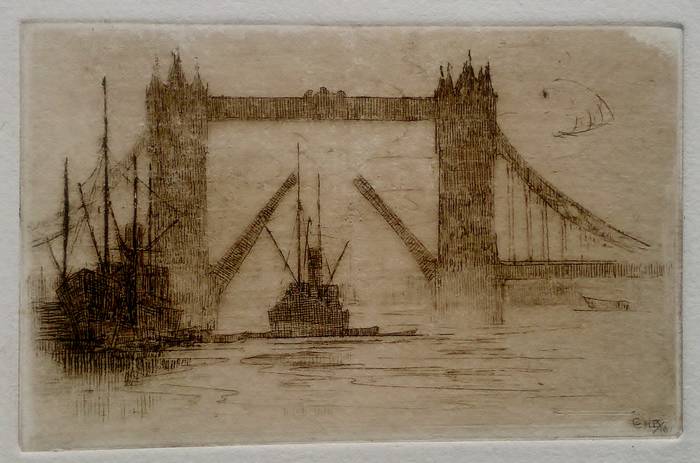 TOWER BRIDGE (OPEN). ORIGINAL ETCHING by CYRIL H BARRAUD