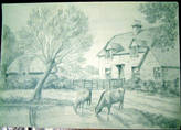 COTTAGES & POND. Original fine pencil drawing by R H Eason illustration Undated