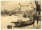 TOWER BRIDGE & POOL OF LONDON. ORIGINAL ETCHING  by CYRIL H BARRAUD