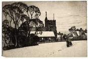 WINTER CHURCH SCENE. ORIGINAL ETCHING by CYRIL H BARRAUD